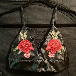 Black faux Leather Rose embroidered Bralette